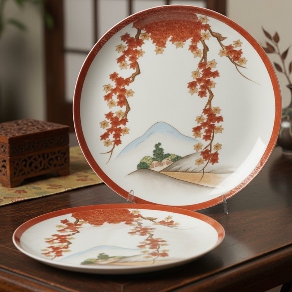 Arita China Art15 Rust Gold Leaves Branches-Trees/Hills-Dinner Plates Set of 2
